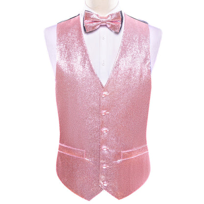 Pink Tie Shining Glitter Solid Jacquard Silk Vest Set vest set    - Sophisticated Gentlemen