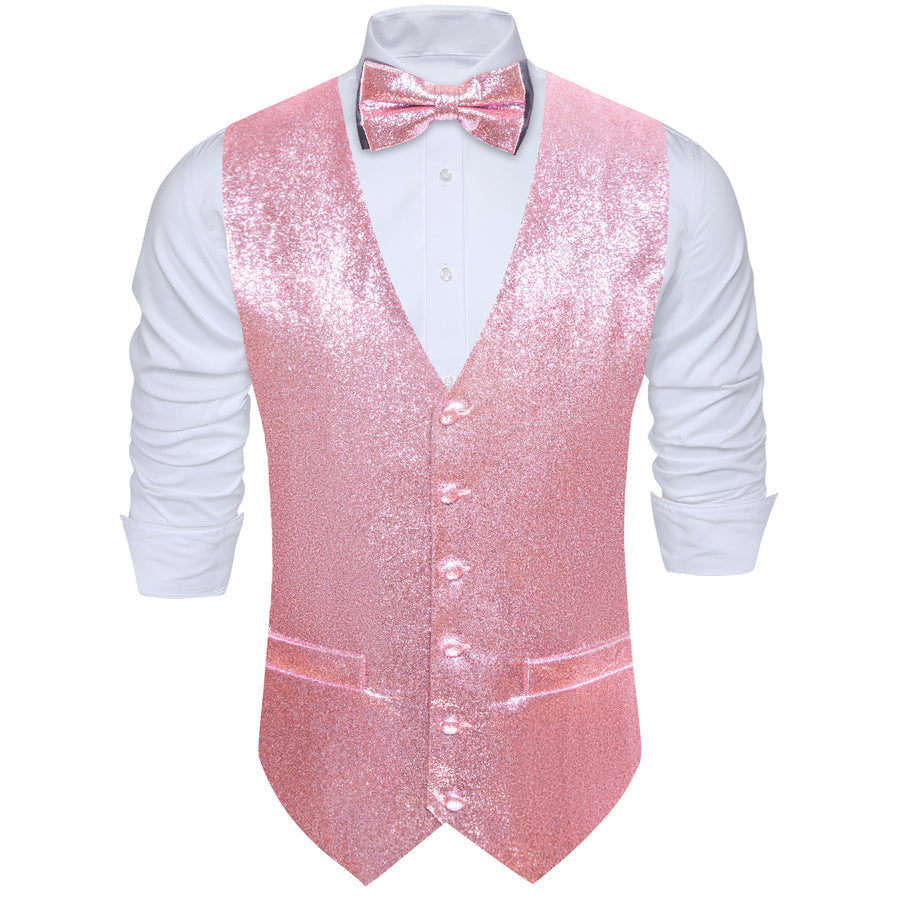Pink Tie Shining Glitter Solid Jacquard Silk Vest Set vest set    - Sophisticated Gentlemen