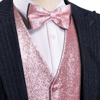 Pink Tie Shining Glitter Solid Jacquard Silk Vest Set vest set S (Chest 40")   - Sophisticated Gentlemen