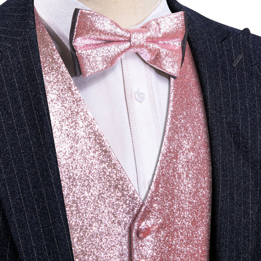 Pink Tie Shining Glitter Solid Jacquard Silk Vest Set vest set S (Chest 40")   - Sophisticated Gentlemen