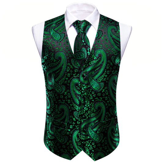 Green Black Paisley Silk Men's Vest Set vest set S (Chest 40")   - Sophisticated Gentlemen