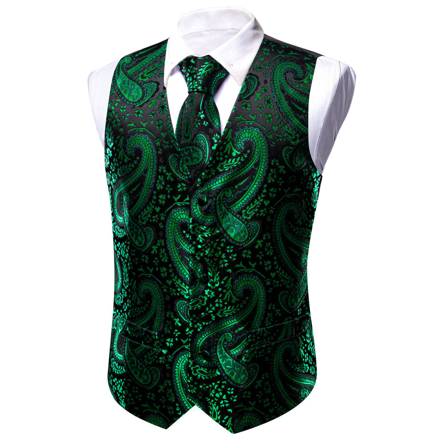 Green Black Paisley Silk Men's Vest Set vest set    - Sophisticated Gentlemen