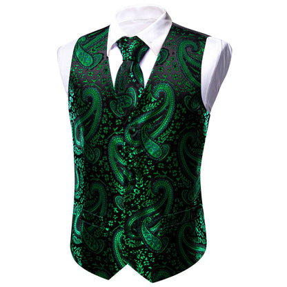 Green Black Paisley Silk Men's Vest Set vest set    - Sophisticated Gentlemen