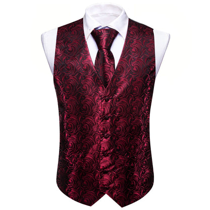 Black and Red Floral Silk Vest Set vest set    - Sophisticated Gentlemen