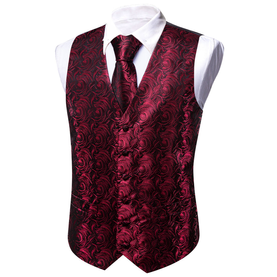 Black and Red Floral Silk Vest Set vest set    - Sophisticated Gentlemen