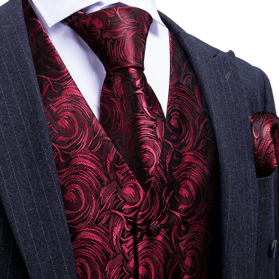 Black and Red Floral Silk Vest Set vest set S (Chest 40")   - Sophisticated Gentlemen