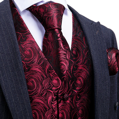 Black and Red Floral Silk Vest Set vest set S (Chest 40")   - Sophisticated Gentlemen