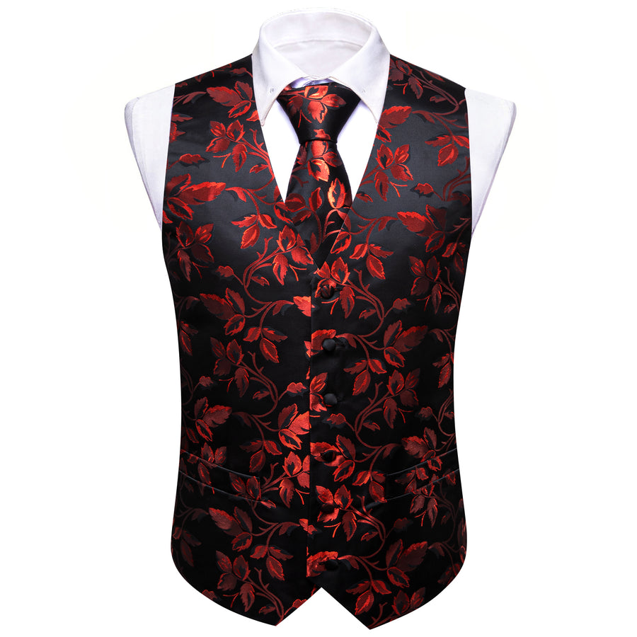 Red Floral Leaf Silk Vest Set vest set    - Sophisticated Gentlemen