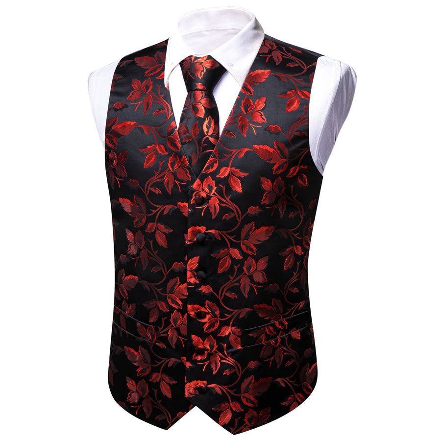 Red Floral Leaf Silk Vest Set vest set    - Sophisticated Gentlemen