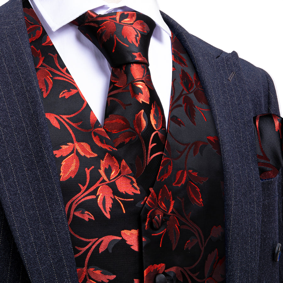 Red Floral Leaf Silk Vest Set vest set S (Chest 40")   - Sophisticated Gentlemen