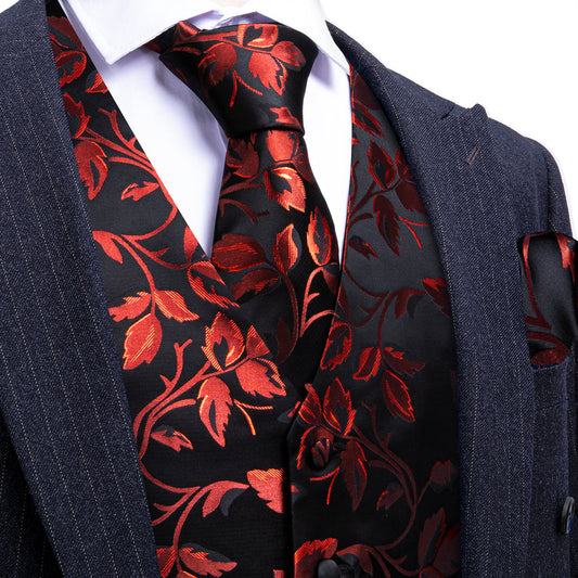 Red Floral Leaf Silk Vest Set vest set S (Chest 40")   - Sophisticated Gentlemen