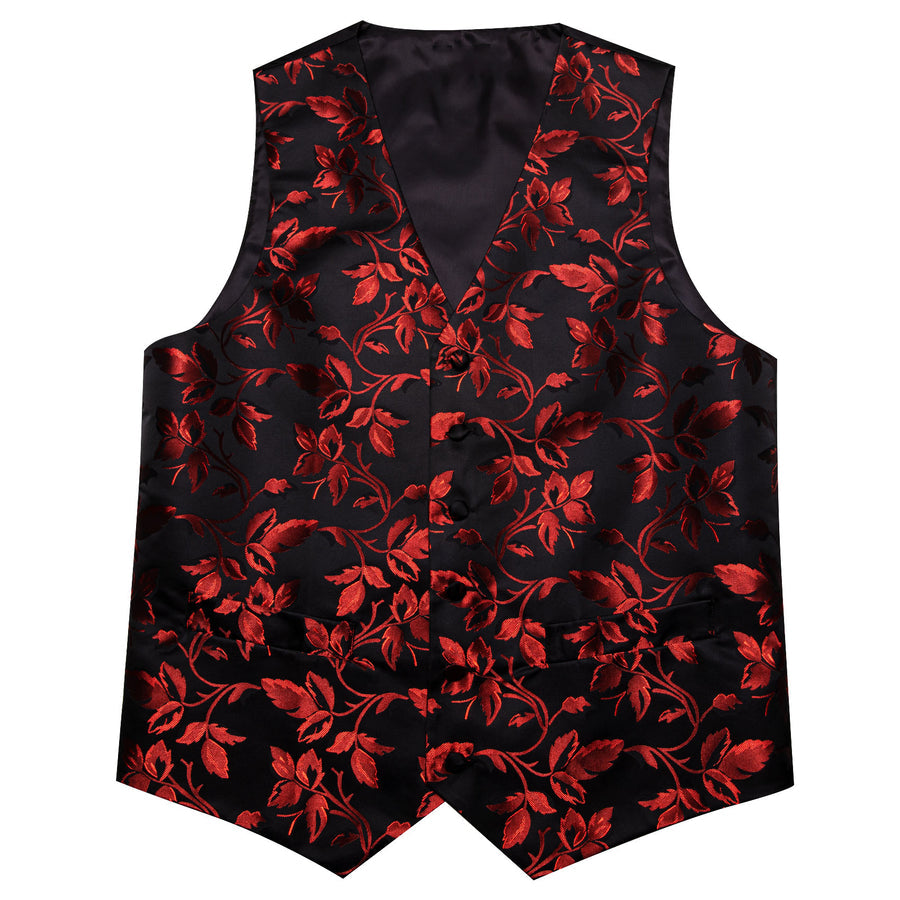 Red Floral Leaf Silk Vest Set vest set    - Sophisticated Gentlemen
