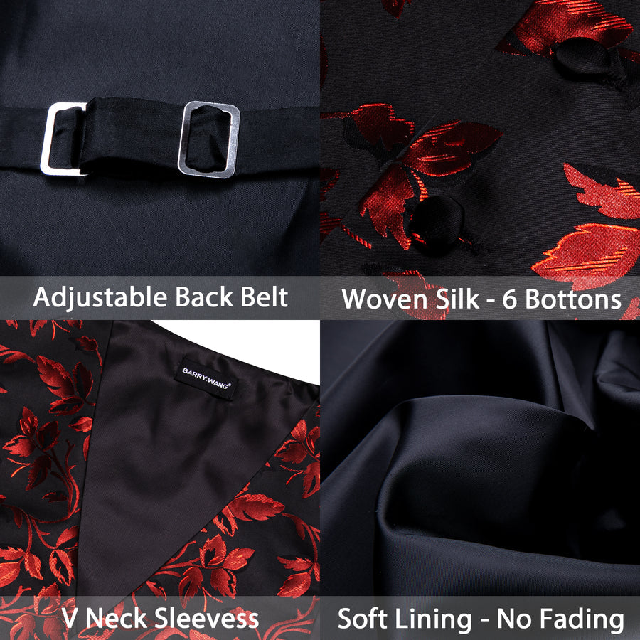 Red Floral Leaf Silk Vest Set vest set    - Sophisticated Gentlemen