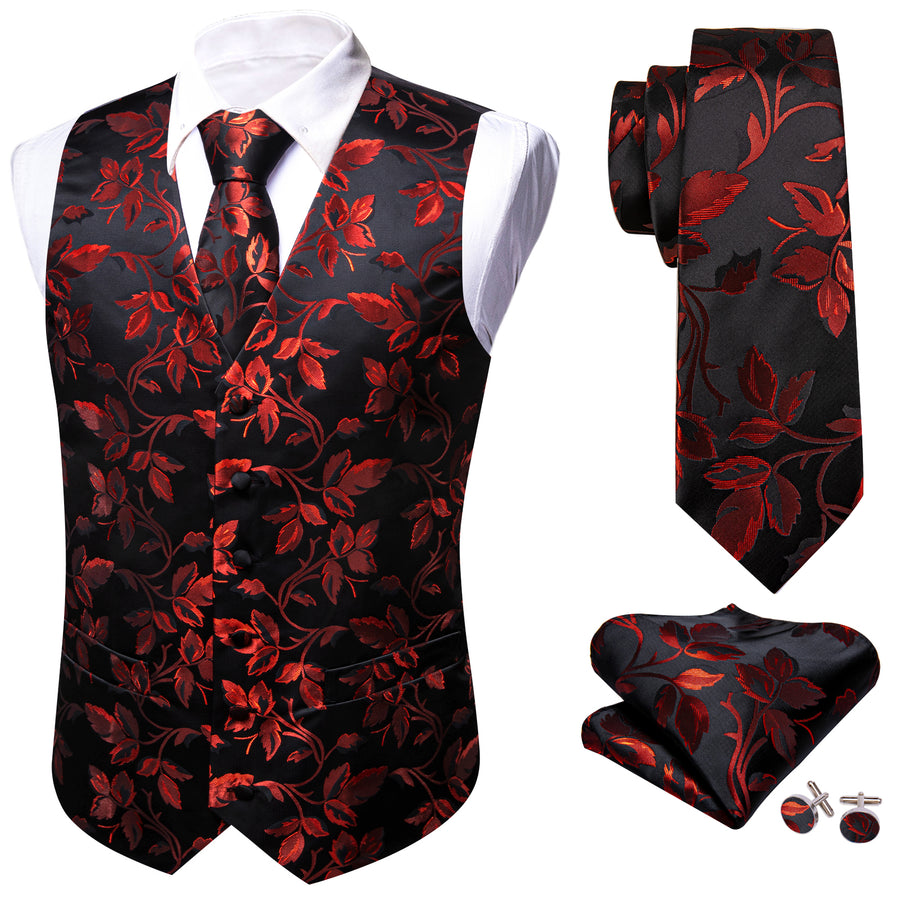Red Floral Leaf Silk Vest Set vest set    - Sophisticated Gentlemen