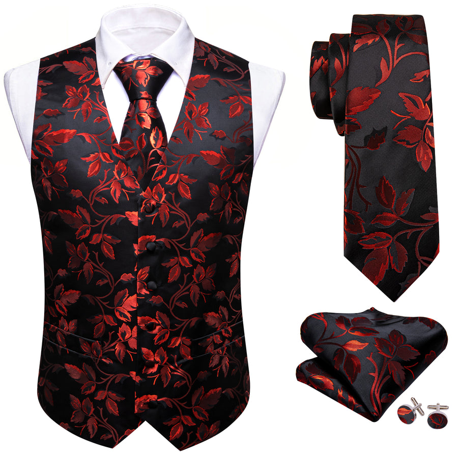 Red Floral Leaf Silk Vest Set vest set    - Sophisticated Gentlemen