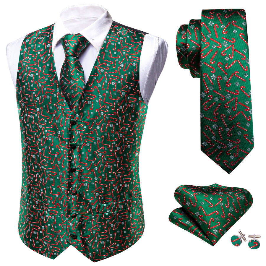 Christmas Green Red White Snowflake Crutches Silk Men's Vest Set vest set    - Sophisticated Gentlemen