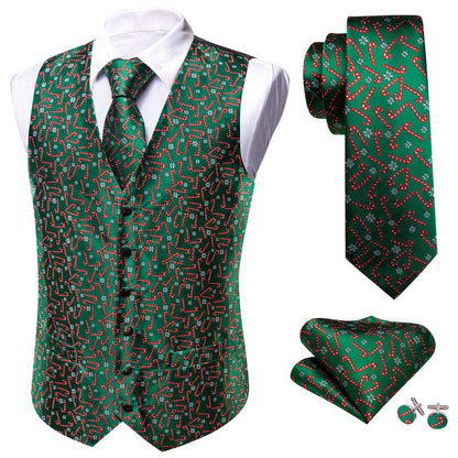 Christmas Green Red White Snowflake Crutches Silk Men's Vest Set vest set    - Sophisticated Gentlemen
