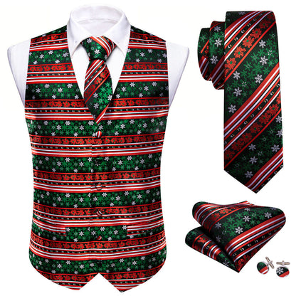 Christmas Red Green White Snowflake Silk Vest Set vest set    - Sophisticated Gentlemen