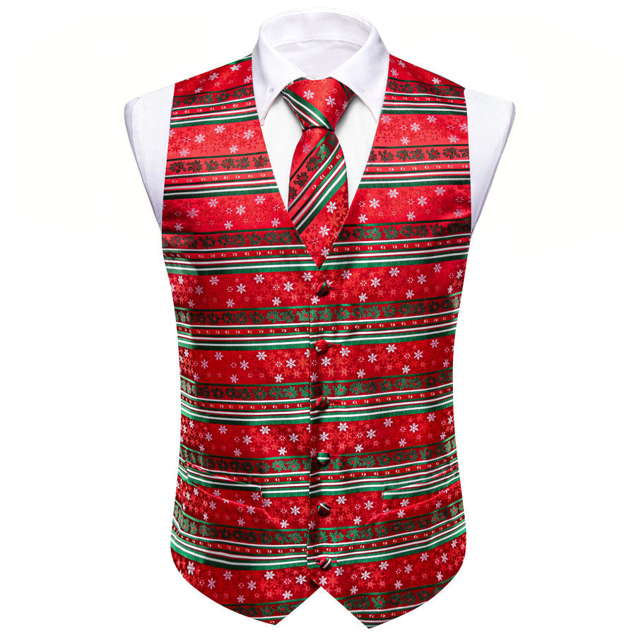 Christmas Bright Red Green White Snowflake Silk Men's Vest Set vest set    - Sophisticated Gentlemen