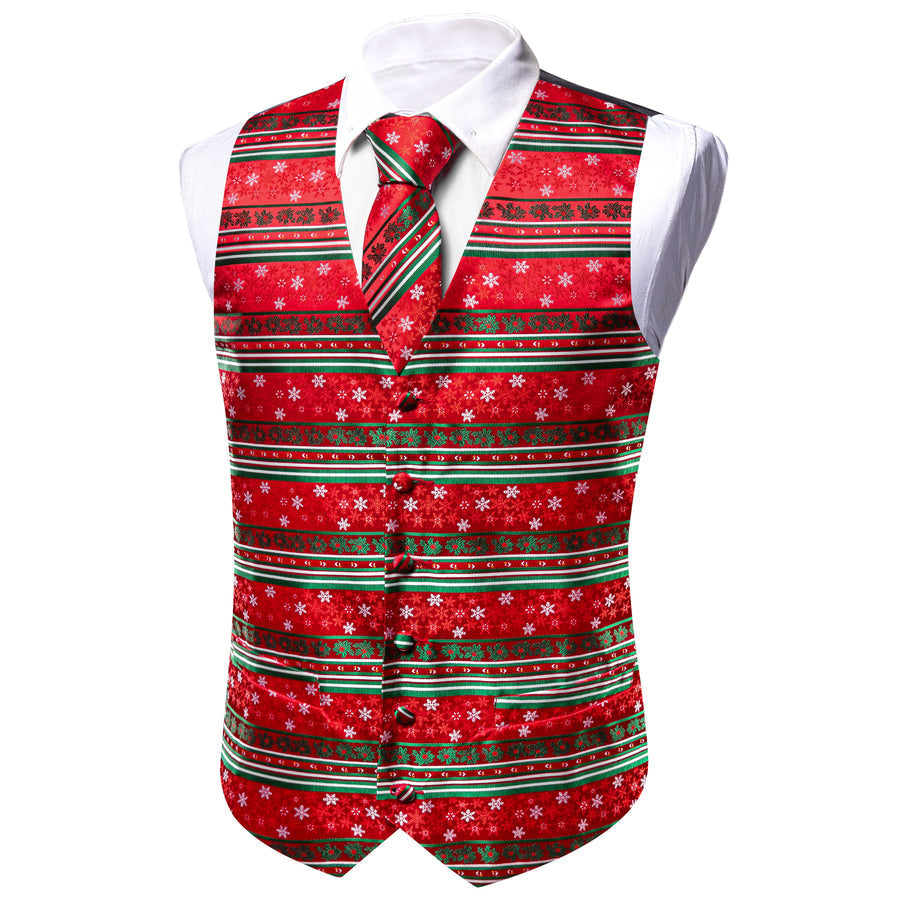 Christmas Bright Red Green White Snowflake Silk Men's Vest Set vest set    - Sophisticated Gentlemen