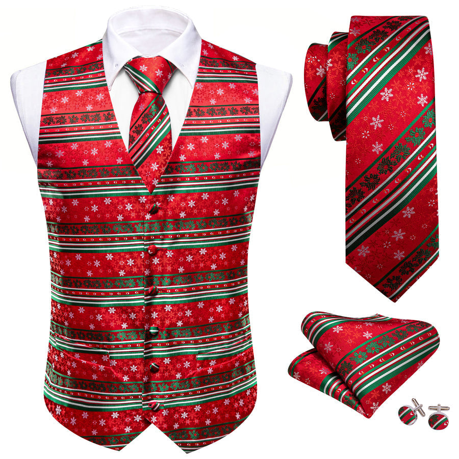 Christmas Bright Red Green White Snowflake Silk Men's Vest Set vest set    - Sophisticated Gentlemen