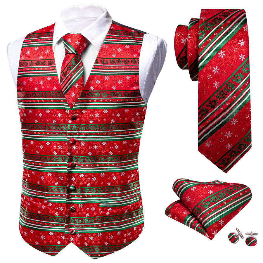 Christmas Bright Red Green White Snowflake Silk Men's Vest Set vest set    - Sophisticated Gentlemen