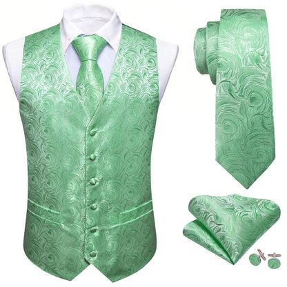 Turquoise Green Floral Silk Men's Vest Set vest set    - Sophisticated Gentlemen