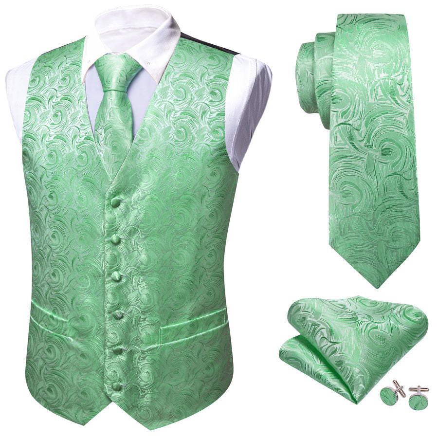 Turquoise Green Floral Silk Men's Vest Set vest set    - Sophisticated Gentlemen