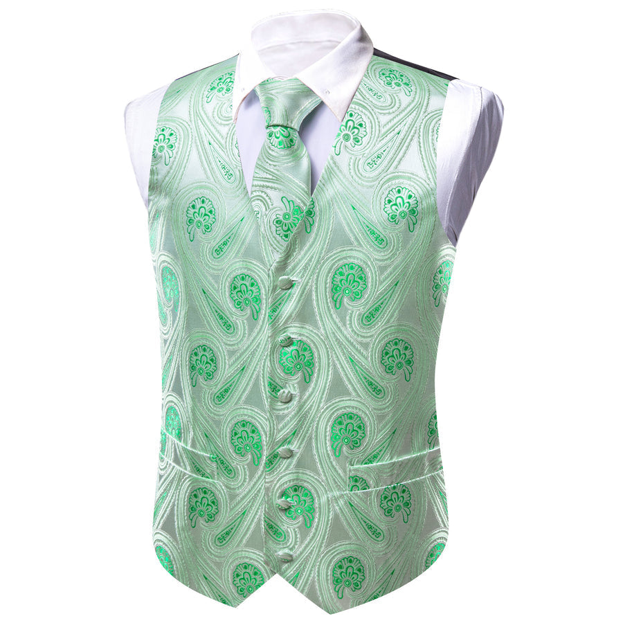 Green Paisley Flower Silk Men's Vest Set vest set    - Sophisticated Gentlemen