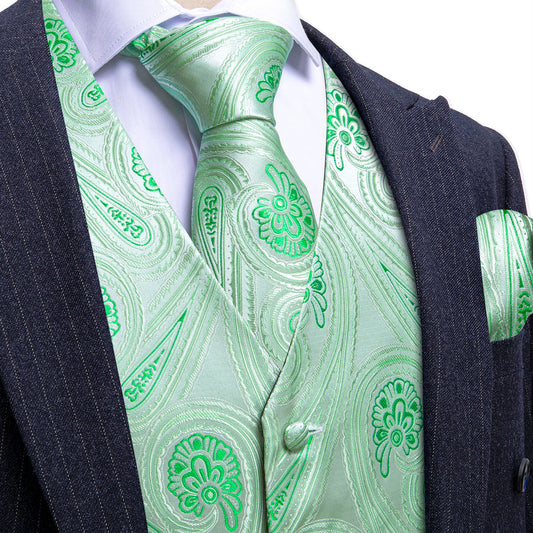 Green Paisley Flower Silk Men's Vest Set vest set S (Chest 40")   - Sophisticated Gentlemen