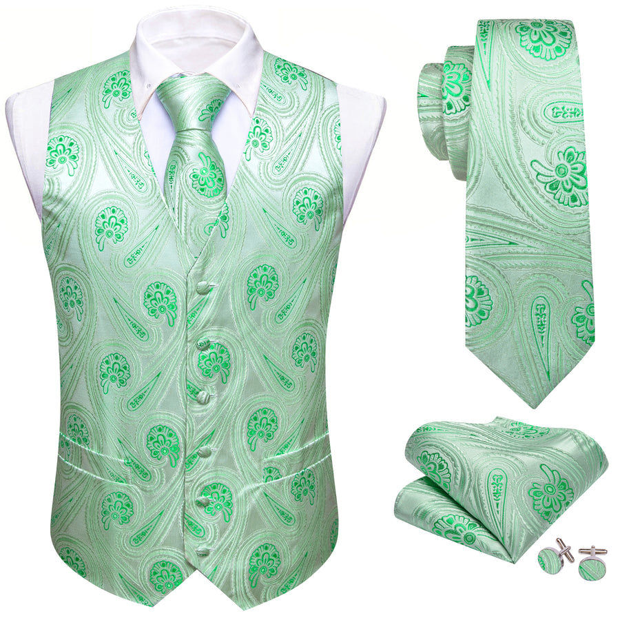 Green Paisley Flower Silk Men's Vest Set vest set    - Sophisticated Gentlemen