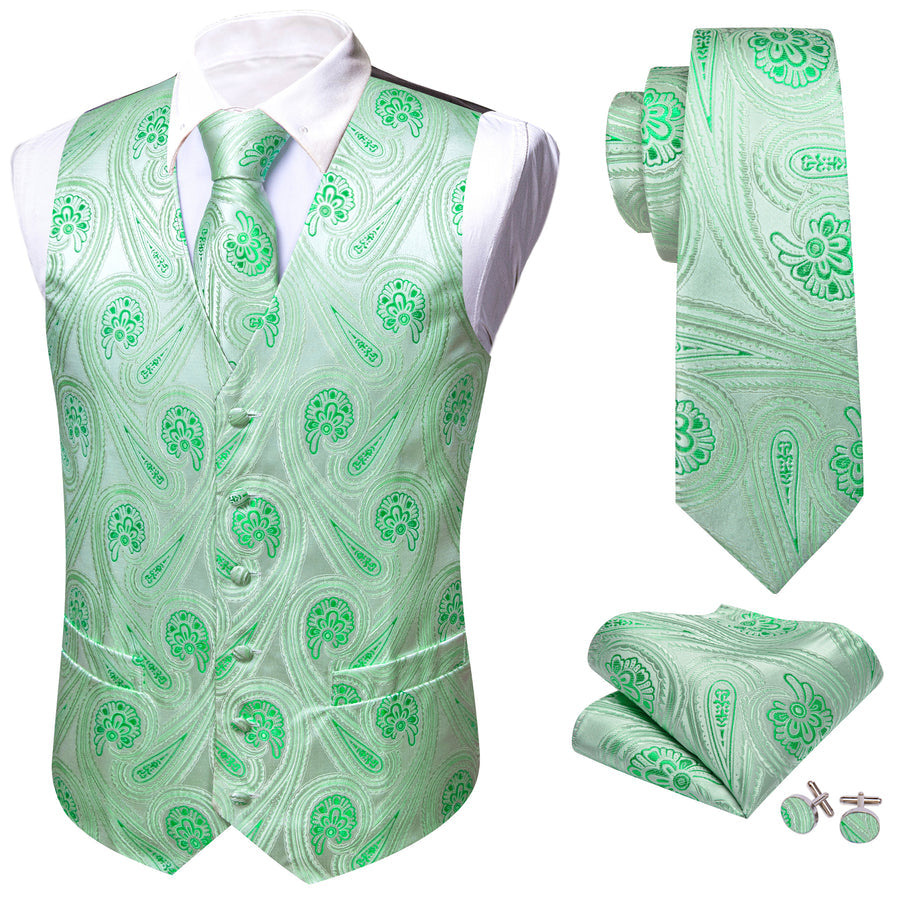 Green Paisley Flower Silk Men's Vest Set vest set    - Sophisticated Gentlemen