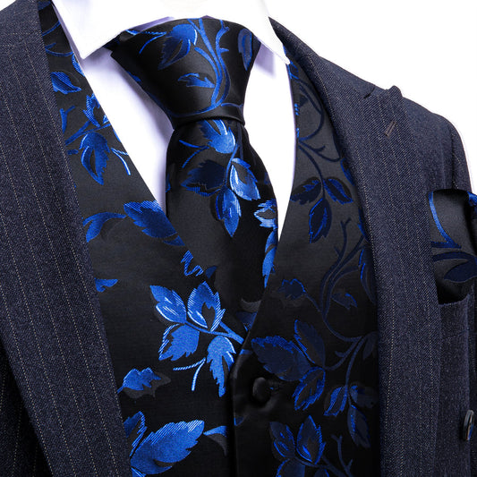 Blue Black Floral Leaf Silk Vest Set vest set S (Chest 40")   - Sophisticated Gentlemen