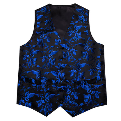Blue Black Floral Leaf Silk Vest Set vest set    - Sophisticated Gentlemen