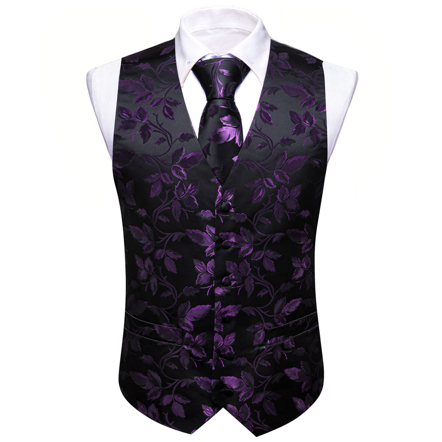 Purple and Black Floral Leaf Silk Vest Set vest set    - Sophisticated Gentlemen