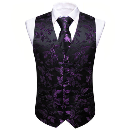 Purple and Black Floral Leaf Silk Vest Set vest set    - Sophisticated Gentlemen