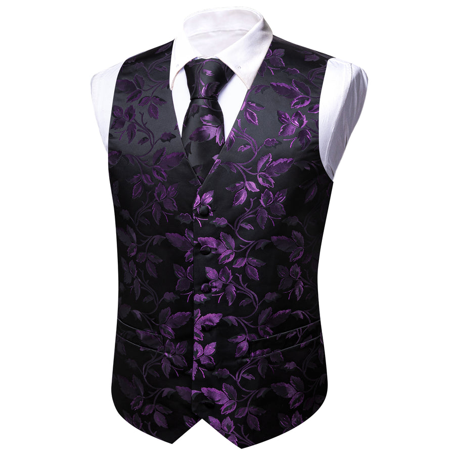 Purple and Black Floral Leaf Silk Vest Set vest set    - Sophisticated Gentlemen