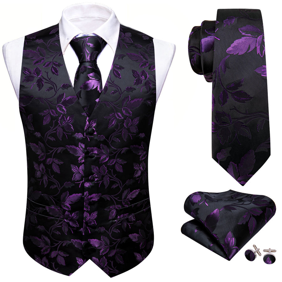 Purple and Black Floral Leaf Silk Vest Set vest set    - Sophisticated Gentlemen