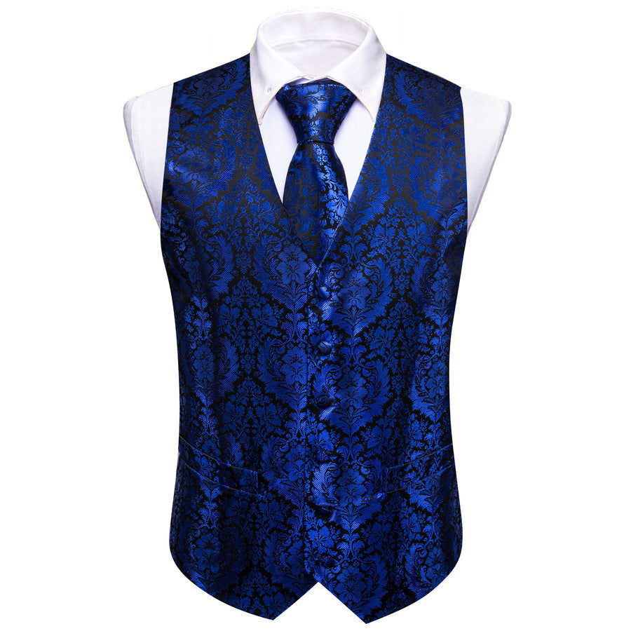Klein Blue Floral Silk Men's Vest Set vest set    - Sophisticated Gentlemen