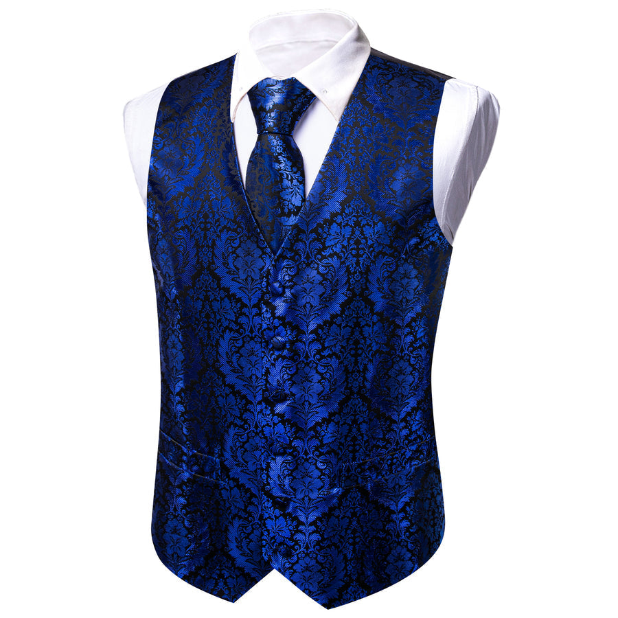 Klein Blue Floral Silk Men's Vest Set vest set    - Sophisticated Gentlemen