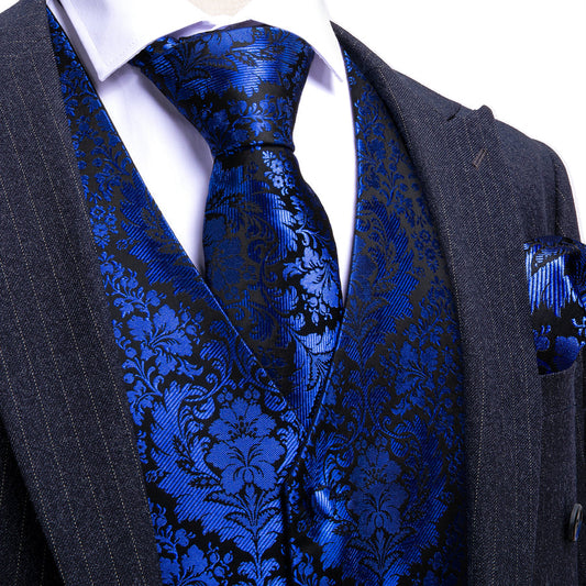 Klein Blue Floral Silk Men's Vest Set vest set S (Chest 40")   - Sophisticated Gentlemen