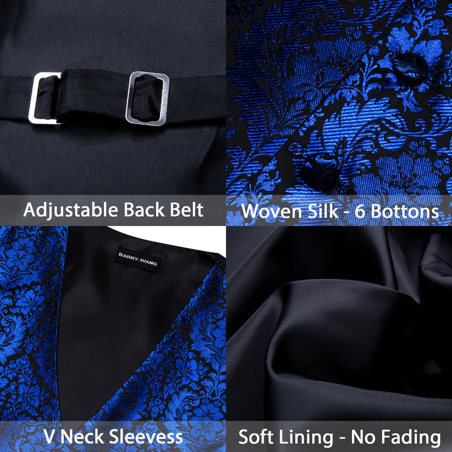 Klein Blue Floral Silk Men's Vest Set vest set    - Sophisticated Gentlemen
