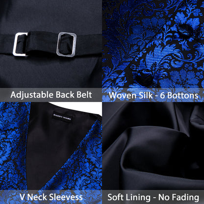 Klein Blue Floral Silk Men's Vest Set vest set    - Sophisticated Gentlemen