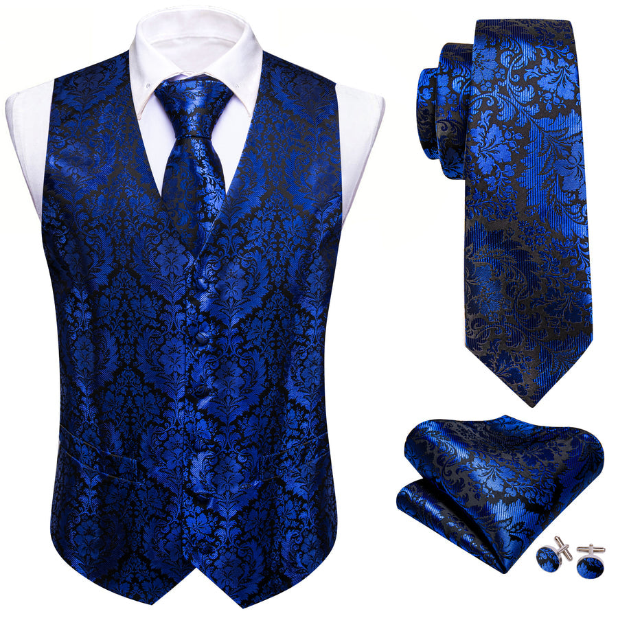 Klein Blue Floral Silk Men's Vest Set vest set    - Sophisticated Gentlemen