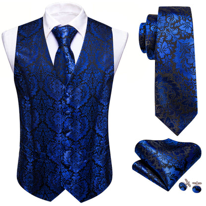 Klein Blue Floral Silk Men's Vest Set vest set    - Sophisticated Gentlemen