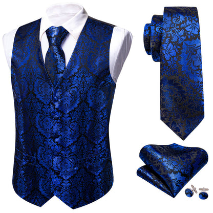 Klein Blue Floral Silk Men's Vest Set vest set    - Sophisticated Gentlemen