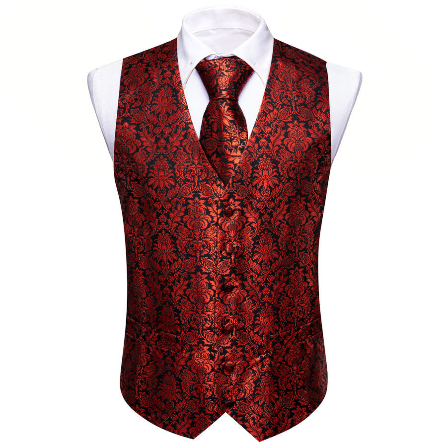 Red Floral Silk Vest Set vest set    - Sophisticated Gentlemen