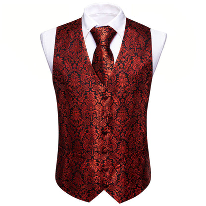 Red Floral Silk Vest Set vest set    - Sophisticated Gentlemen