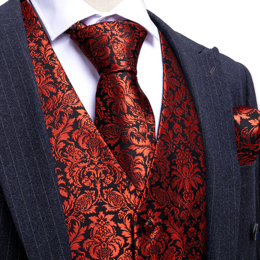Red Floral Silk Vest Set vest set S (Chest 40")   - Sophisticated Gentlemen