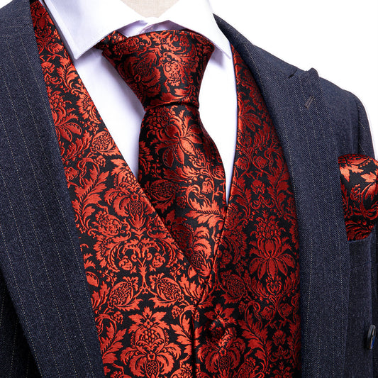 Red Floral Silk Vest Set vest set S (Chest 40")   - Sophisticated Gentlemen